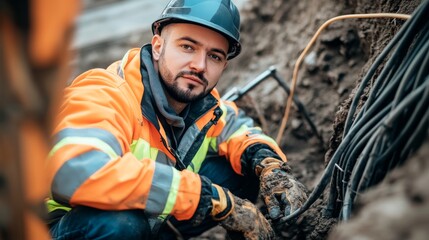 Aufkleber - A utility worker in a high-visibility jacket and protective gloves, repairing underground cables and looking into the camera, with excavation tools and wiring behind