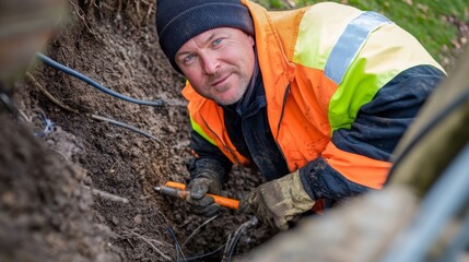 Aufkleber - A utility worker in a high-visibility jacket and protective gloves, repairing underground cables and looking into the camera, with excavation tools and wiring behind