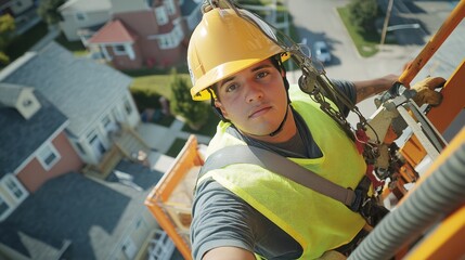 Poster - A utility worker in a yellow reflective vest and helmet, repairing power lines from a lift bucket, looking directly into the camera with a backdrop of residential buildings
