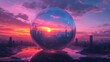 © TopMedia - Enigmatic Reflections of a Futuristic City Encased in a Crystal Sphere Beneath a Dramatic Sunset Over a Serene Landscape