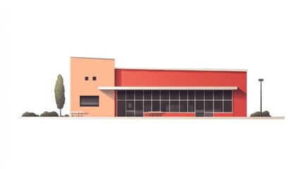 Poster - A modern, minimalist building with large windows and a vibrant red facade.