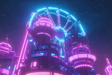 Poster - A vibrant, futuristic cityscape featuring neon lights and a large Ferris wheel.