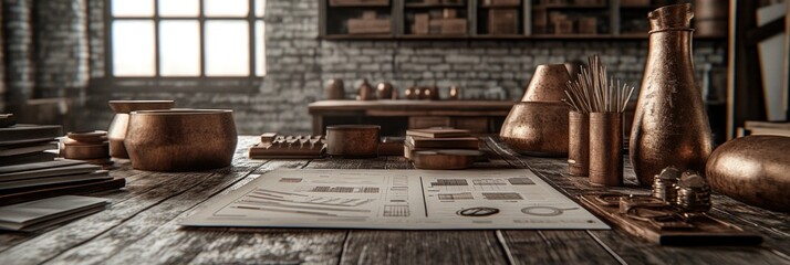 Poster - A rustic workspace featuring copper objects, papers, and wooden textures.