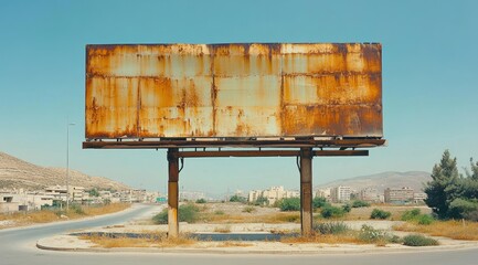 Poster - A rusted, empty billboard stands in a desolate landscape under a clear blue sky.