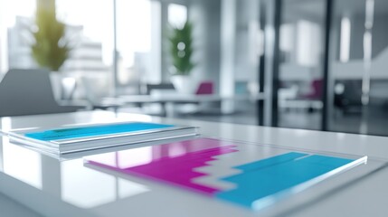 Aufkleber - A modern office setting featuring colorful reports on a sleek table.