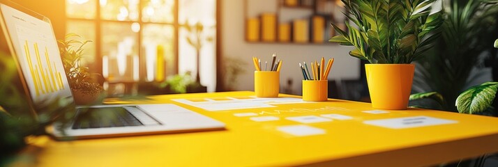 Poster - A bright workspace with plants, a laptop, and organized stationery for productivity.