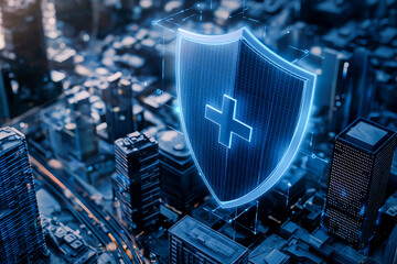 Poster - a digital security shield icon hovering over a cityscape, representing cybersecurity and protection 