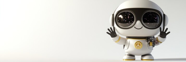 Poster - A cheerful cartoon robot with a space helmet, waving in a minimalistic background.