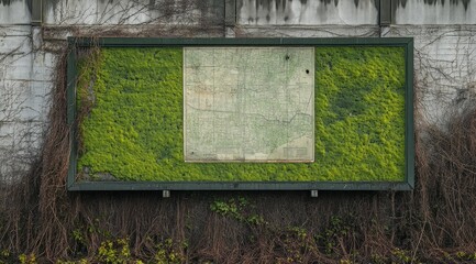 Poster - A weathered map surrounded by vibrant green moss on a wall.