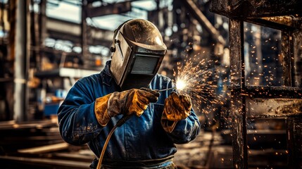Aufkleber - A welder in a protective suit and helmet, holding a welding torch and looking towards the camera, with sparks flying and a steel structure being assembled behind