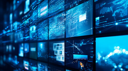 Poster - A dynamic digital display showcasing multiple blue-toned screens with complex data and technological graphics, illustrating innovation and modern digital communication.