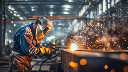 Aufkleber - A welder in a protective suit and helmet, holding a welding torch and looking towards the camera, with sparks flying and a steel structure being assembled behind