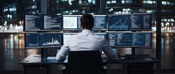 Aufkleber - A financial analyst working late, focused on multiple screens displaying stock charts and data analysis in a modern office with city lights visible through the window.