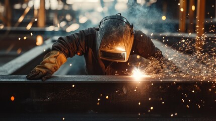 Poster - A welder in a protective welding helmet and gloves working on metal beams, with sparks flying in the background, Welding workshop scene
