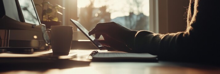 Poster - A person interacts with a tablet while sitting at a desk, with a warm, sunlight ambiance.