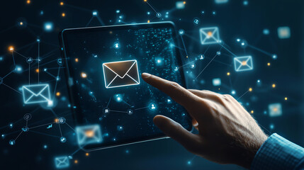 Poster - A futuristic digital concept showcasing glowing email icons interconnected across a dark background, symbolizing modern communication technology and network connectivity.