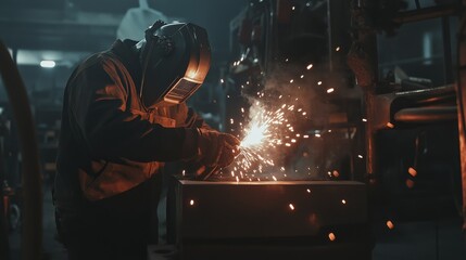 Poster - A welder in a steel fabrication workshop, surrounded by sparks and industrial machinery, Steel fabrication scene