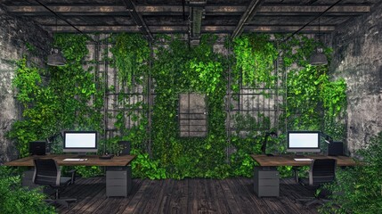 Poster - a modern office space integrated with lush greenery for a refreshing work environment.