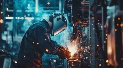 Poster - A welder in a steel fabrication workshop, surrounded by sparks and industrial machinery, Steel fabrication scene