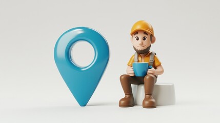 Aufkleber - A cartoon character sitting next to a blue location pin, holding a cup.