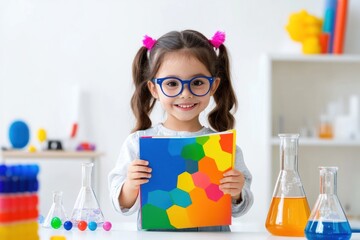 Aufkleber - A cheerful child with glasses holds a colorful book in a science-themed setting.