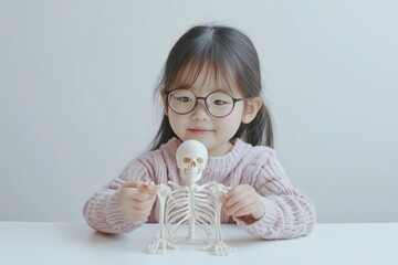 Aufkleber - A child examines a small skeleton model, showcasing curiosity and learning about anatomy.