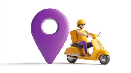 Poster - A delivery person on a scooter next to a location pin, symbolizing food delivery services.