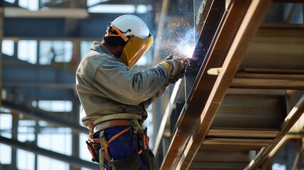 Poster - A welder in protective gear welding metal beams at a commercial building construction site, with welding sparks and architectural plans visible, Commercial steel welding scene
