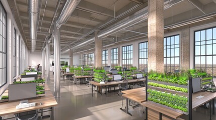 Aufkleber - Modern workspace featuring indoor plants and workstations for a sustainable environment.