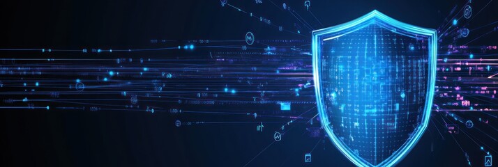 Poster - Digital shield symbolizing cybersecurity with data streams in a futuristic design.