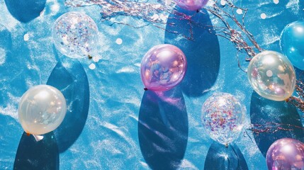 Poster - Colorful balloons on a blue background, creating a festive atmosphere.