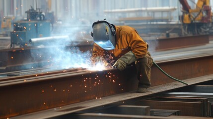 Poster - A welder in protective gear welding steel beams at a factory expansion construction site, with welding sparks and industrial machinery visible, Factory construction scene