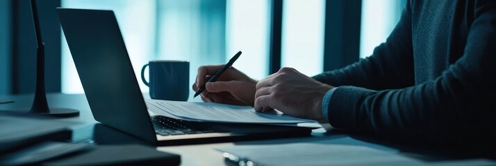 Poster - A person writing notes beside a laptop and a coffee cup in a modern workspace.