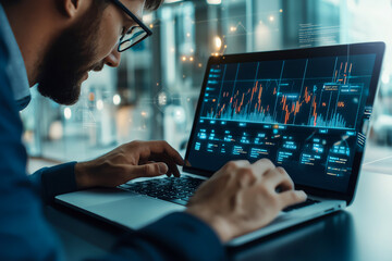 Aufkleber - A professional analyzing financial charts on a laptop in a modern office. Data and technology merge to offer dynamic insights into business trends and market performance.
