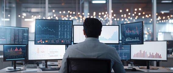 Aufkleber - A professional analyzing data on multiple computer screens in a modern office setting, focusing on complex financial graphs and charts