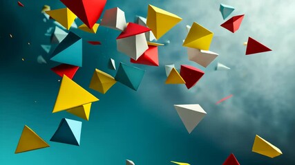 Poster - A chaotic scene of colorful geometric solids colliding and swirling amidst a swirling cloud of orange and peach smoke