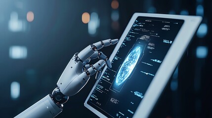 Aufkleber - A robotic hand interacts with a digital tablet displaying a holographic globe. Symbolizing innovation, AI, and futuristic technology advancements in the modern world.