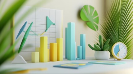 Aufkleber - A modern workspace featuring colorful bar graphs and decorative plants for a professional setting.