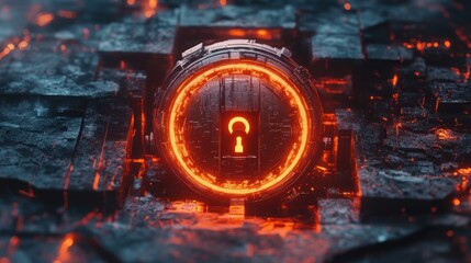 Poster - A futuristic, glowing lock symbol encased in a circular, fiery design on a textured surface.