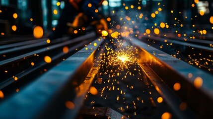 Poster - A welder working on structural steel beams, with sparks flying in a controlled environment, Welding fabrication scene