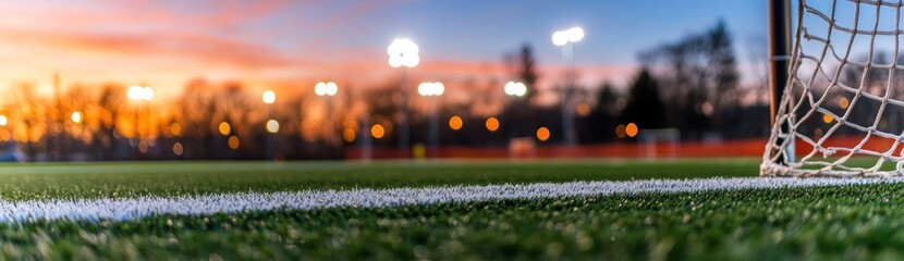 Aufkleber - A sunset view of a soccer field with goalposts and stadium lights illuminating the scene.
