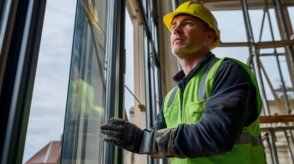 Poster - A window installer in a green work vest and hard hat, fitting a glass pane and looking into the camera, with scaffolding and window frames around