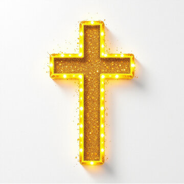 Christian gold cross and glitter of golden particles vector illustration. 3D realistic holy church and faith prayer symbol with glow light effect, precious luxury jewelry shining on black background