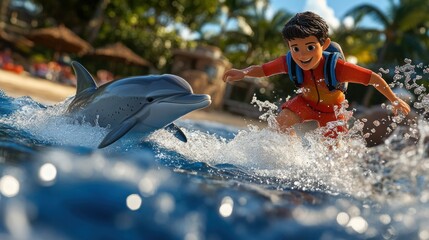 Poster - A boy in a red swimsuit interacts joyfully with a dolphin in a tropical setting.