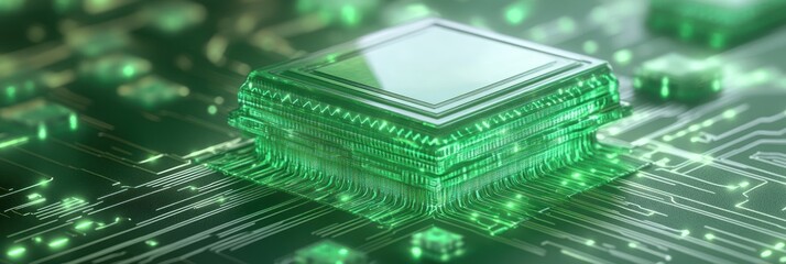 Fototapete - A futuristic green microchip on a circuit board, symbolizing advanced technology.