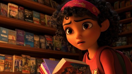 Aufkleber - A young girl looks intently at a book in a cozy library filled with various s.