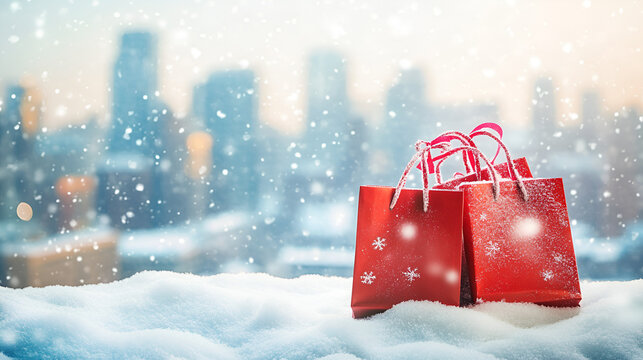 Winter shopping bags filled with holiday gifts set against a snowy city backdrop festive energy creative photography copy space