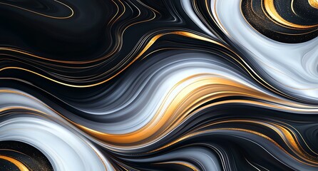 Poster - Abstract art with flowing black, white, and gold swirls creates a mesmerizing visual experience, illustrating movement and elegance in a modern artistic design.