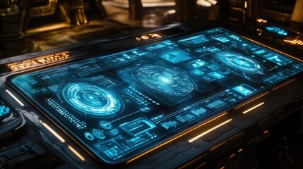 Aufkleber - A futuristic control panel with glowing blue displays and intricate data visualizations.