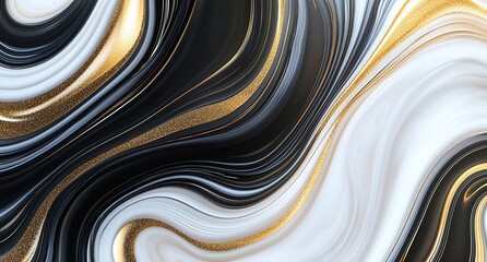 Poster - Abstract fluid art with black, white, and gold swirls creates a mesmerizing marble texture, ideal for modern design inspiration and elegant backgrounds.